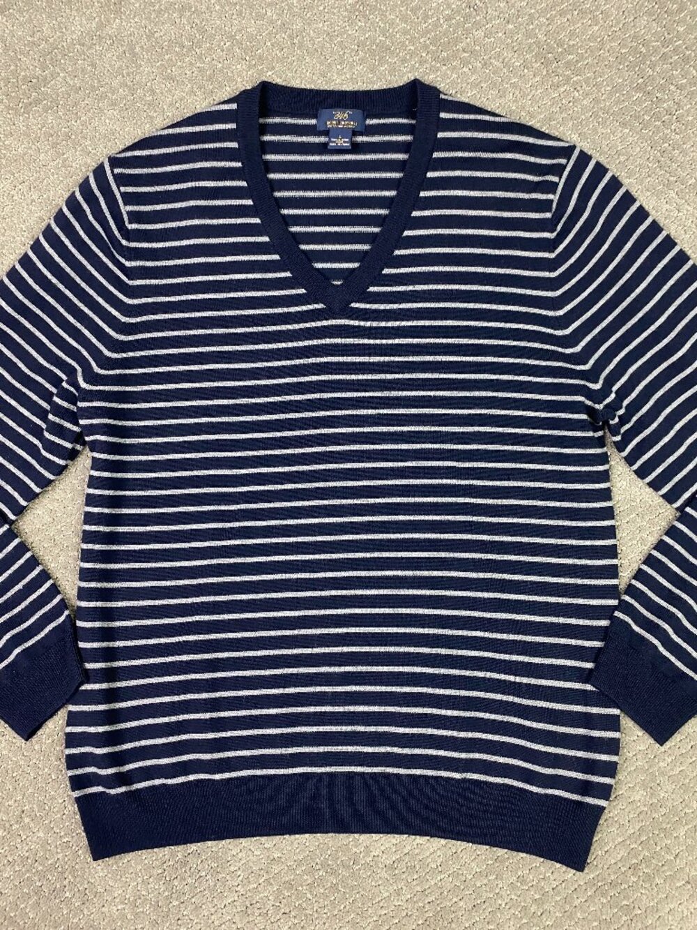 Brooks Brothers Merino Wool Sweater Mens Large Navy Blue Stripes Preppy V-Neck